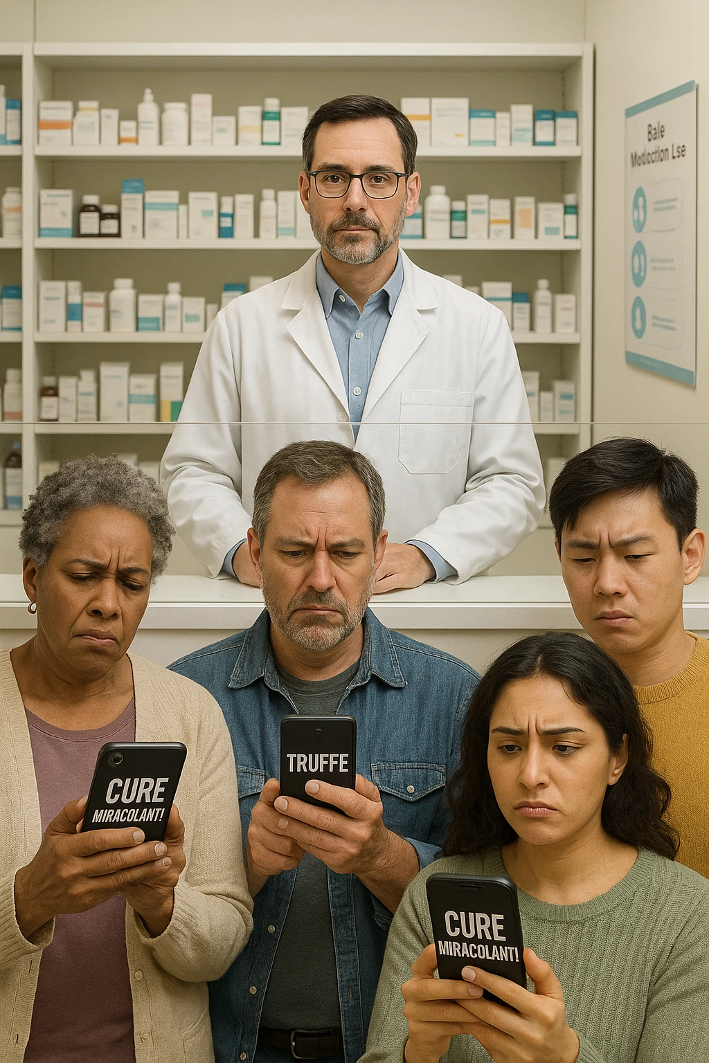 Realistic, vertical scene: a group of people in a pharmacy, some looking confused or skeptical as they read sensationalist headlines on their phones about “Cure Miracolanti” or “Truffe” A pharmacist stands behind the counter, ready to offer evidence-based advice. The atmosphere is educational, highlighting the importance of consulting professionals. emoji