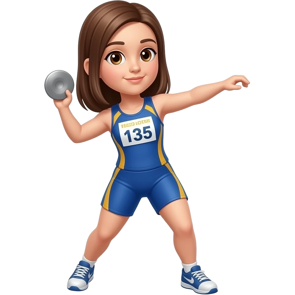 Una chica morena con el pelo 5cm más de los hombros y liso y q esté haciendo lanzamiento de peso de atletismo con los ojos hazel emoji