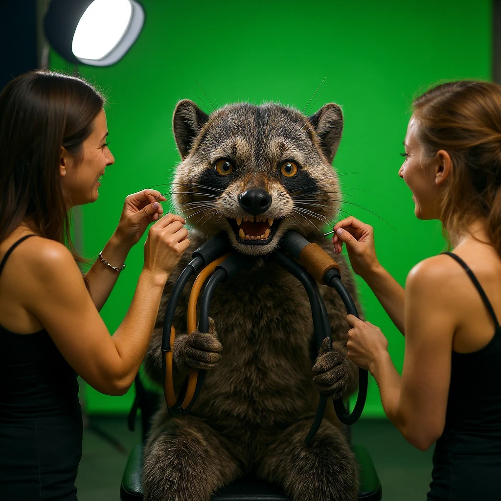 Make this raccon On a movie set, with a green screen in the background, a raccoon actor is smiling while women are putting makeup on him. The raccoon gives a thumbs up emoji