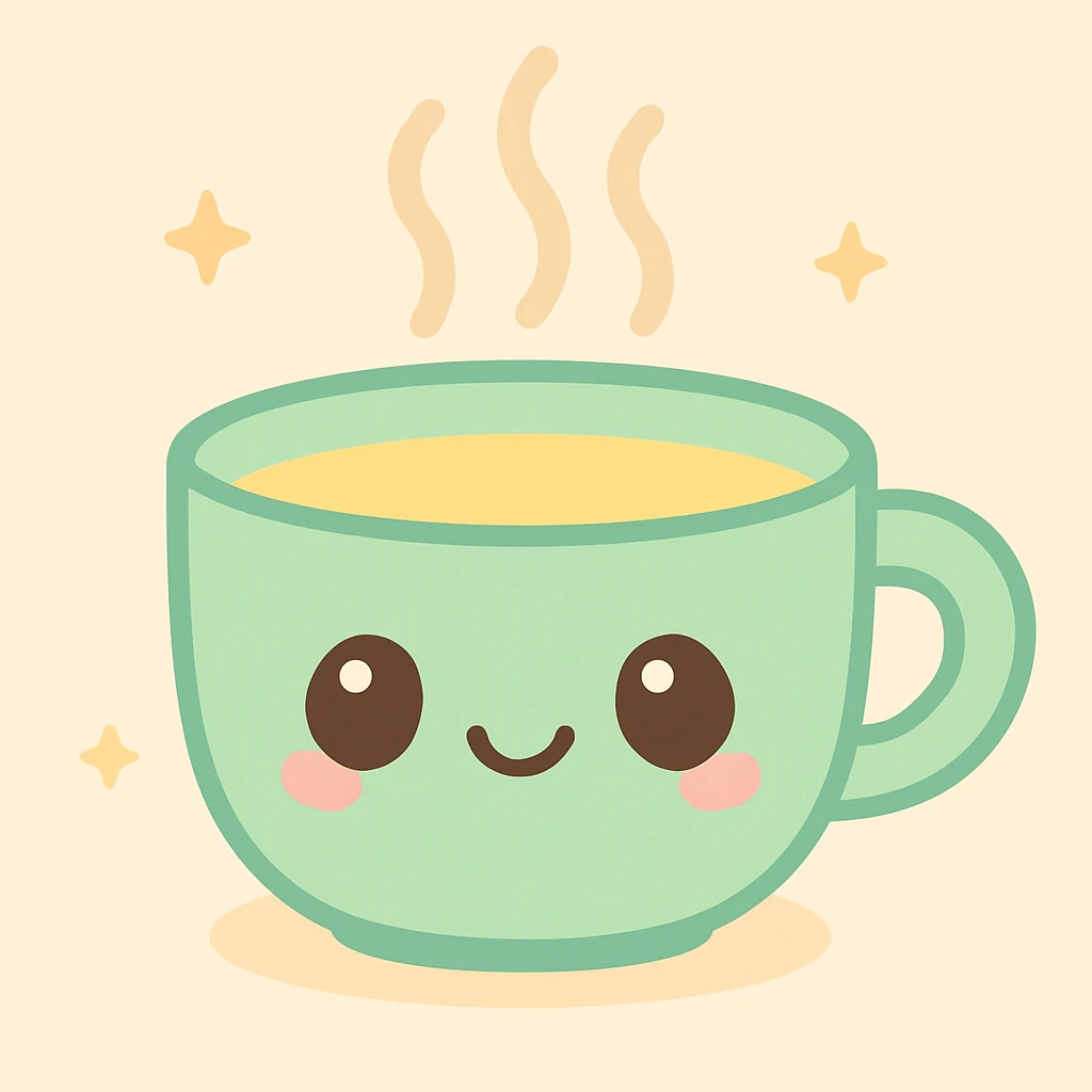 kawaii style hot tea cup with a cozy face, steam rising, pastel green and yellow color palette emoji