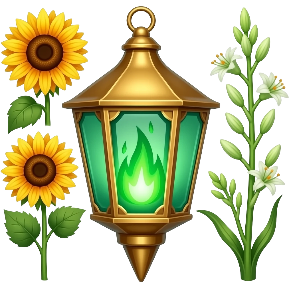 A golden hanging lantern with a bright emerald flames, an empty loop on top, fae themed sunflowers on the left and fully bloomed asphodels on the right as part of the design, but simple focus more on the green flames, paint the glass more green, have its bottom point come to some sort of point emoji