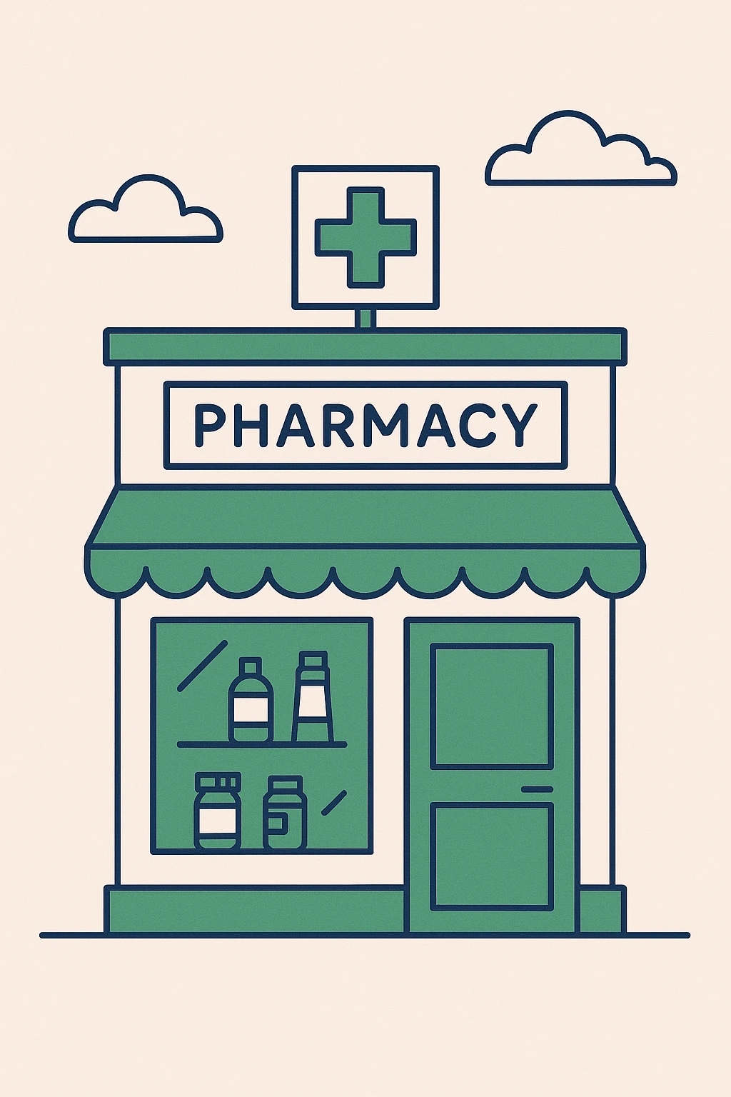 pharmacy storefront, flat design, green and white color scheme, medical cross sign emoji