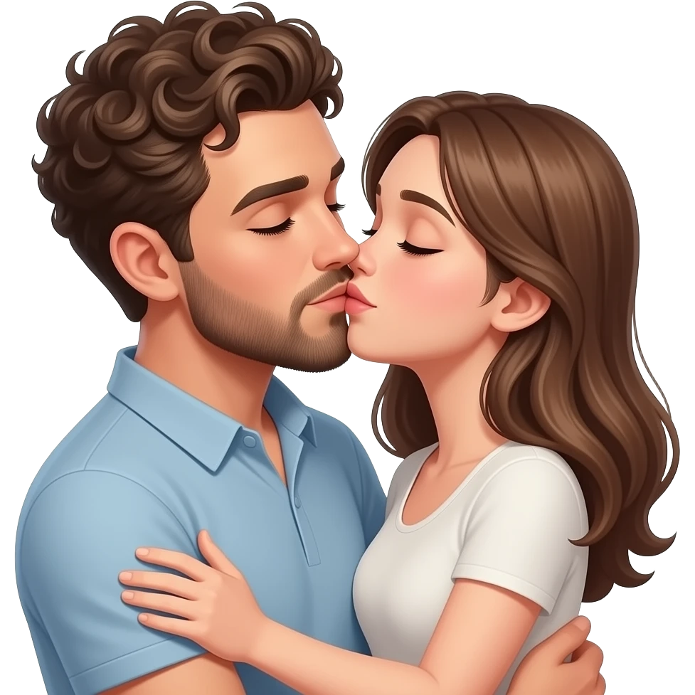 Realistic white man super short curly brown hair with beard kissing passionately and hugging realistic white girl brown hair HD emoji