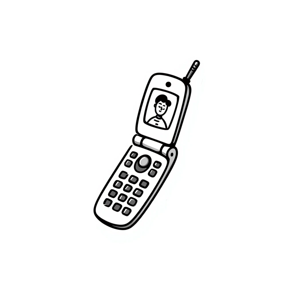 doodle style Y2K folder phone, open, with a selfie on the screen, playful lines emoji
