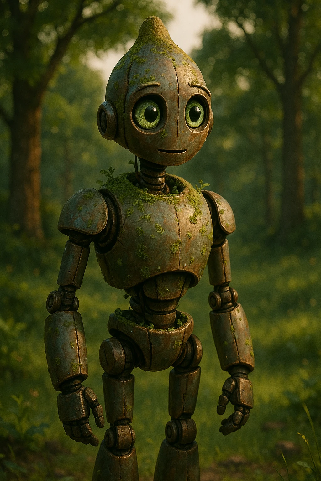 robot character inspired by The Wild Robot movie, standing in a natural outdoor setting, cinematic, detailed, expressive, with a gentle and curious look emoji