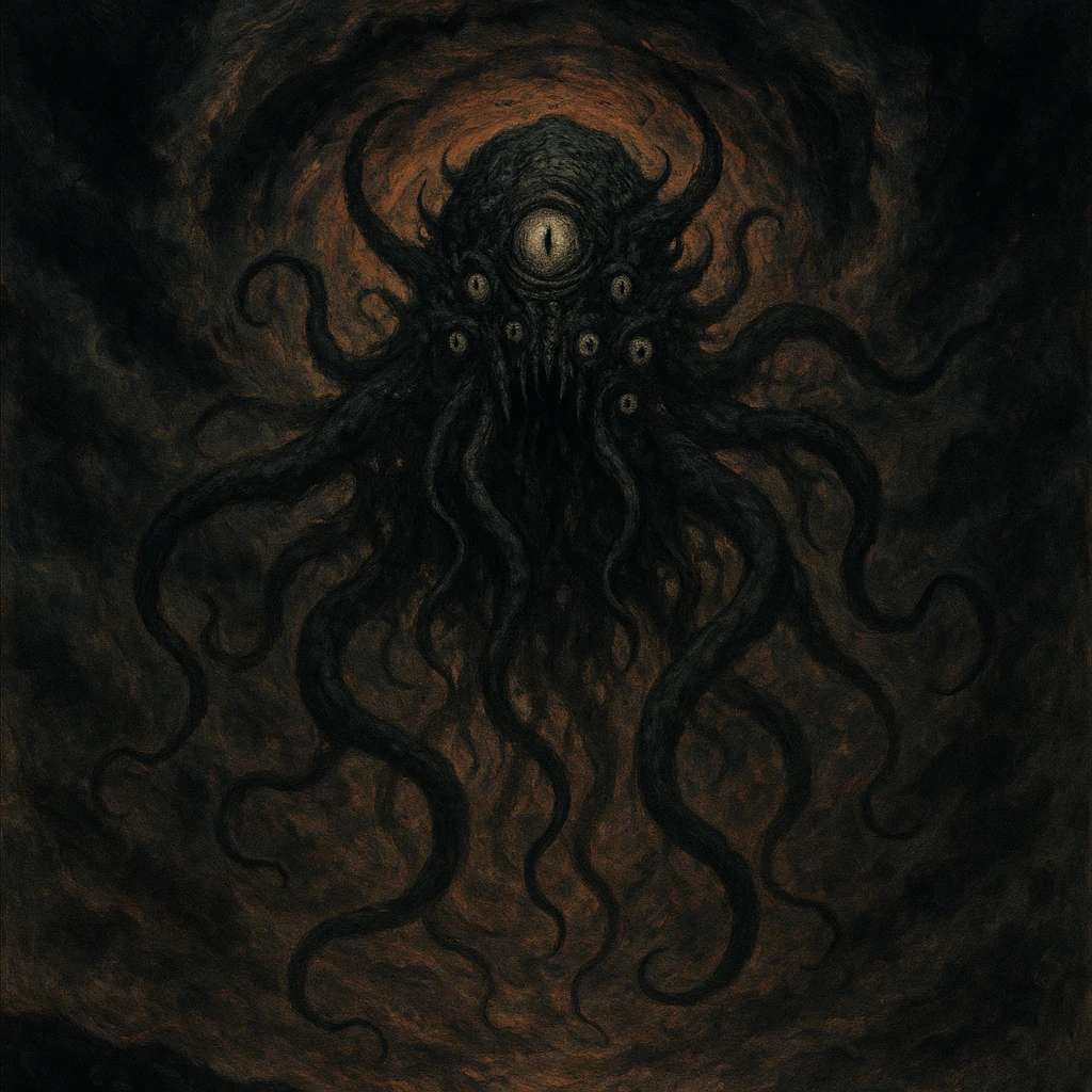 cosmic horror entity emerging through a swirling vortex in the sky, tentacles and eyes, ominous atmosphere, dramatic lighting, horror illustration style emoji
