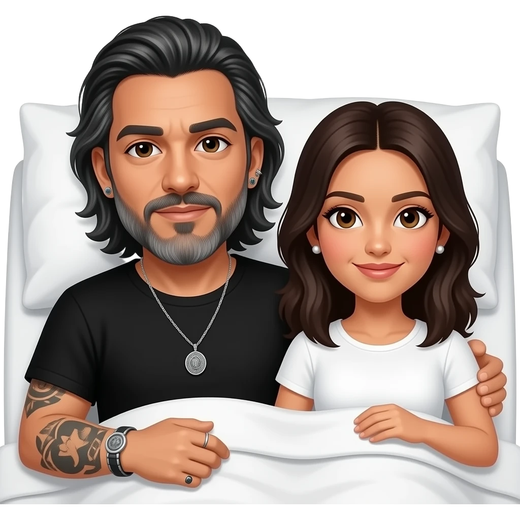 The handsome manly Latino podcast host with medium length hair, a long slightly graying beard and tattoos with his ears pierced 1 time each ear and a nose ring on the right side, dark brown eyes, wearing black, and jewelry, in bed with a girl emoji