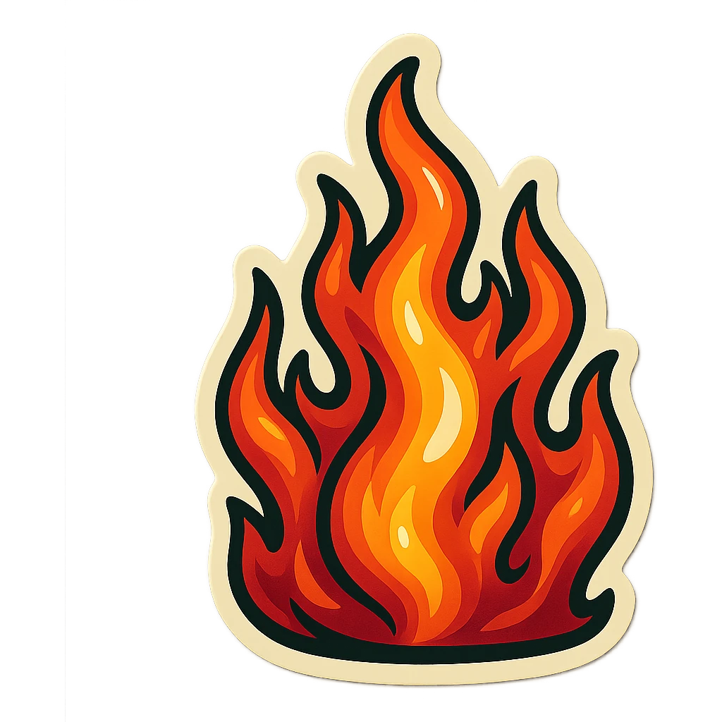 retro sticker style image of a stylized fire with multiple flame parts, bold contours, juicy colors, expressive highlights and shadows emoji