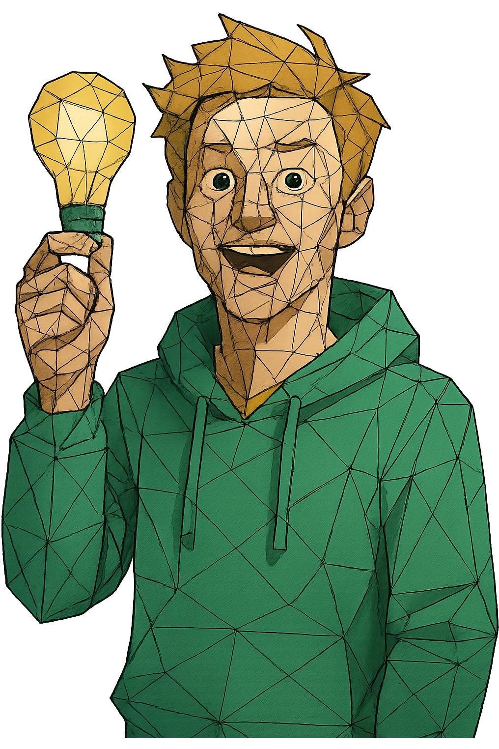bright and expressive male visionary, fair skin, tousled golden hair, wide joyful eyes, wearing a green hoodie over a yellow tee, one hand raised with a glowing lightbulb, waist-up, front-facing emoji