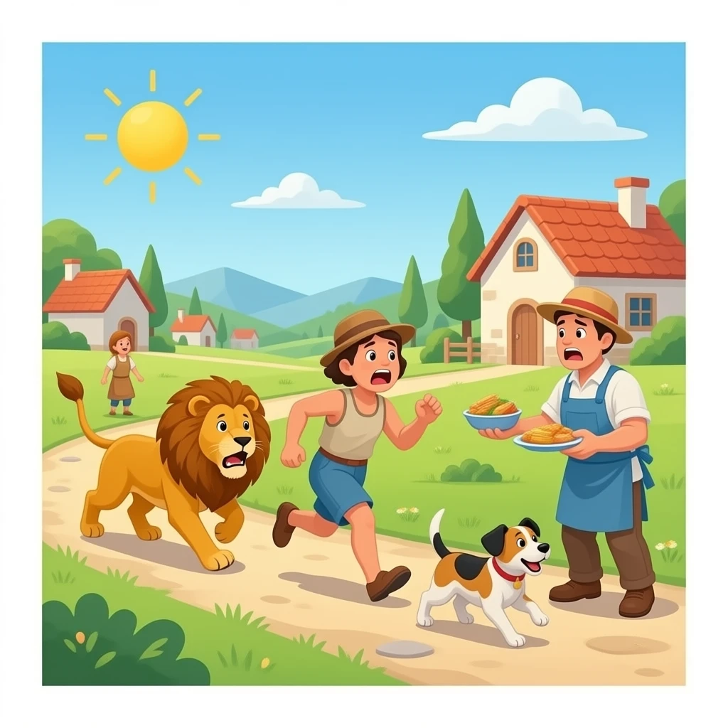 quiero que en un pueblo los habitantes que tengan mido a los leones y a los perros pero q ue les de comida  preo que tengan muchissimo miedo los habitantes y que sea realista y salgan corriendo para el otro lado emoji