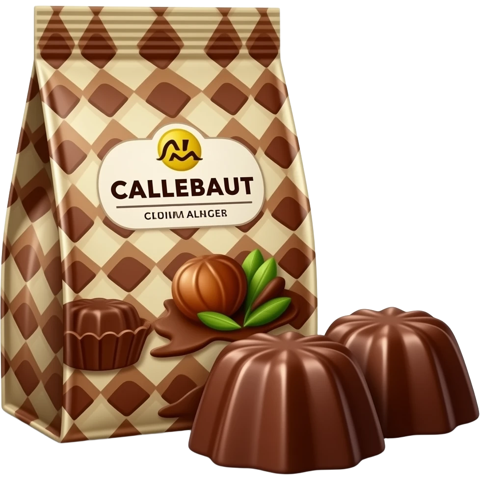 A drown bag of chocolate with the words "callebaut" written on it, and three chocolate callets lying in the foreground emoji