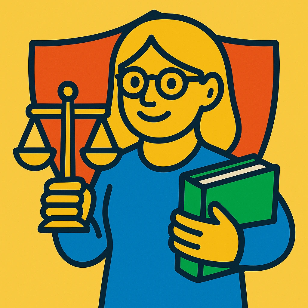 A lady with blond hair and glasses, holding a green book and a gold justice scale, with a shield in the background, in a vibrant toon style. emoji