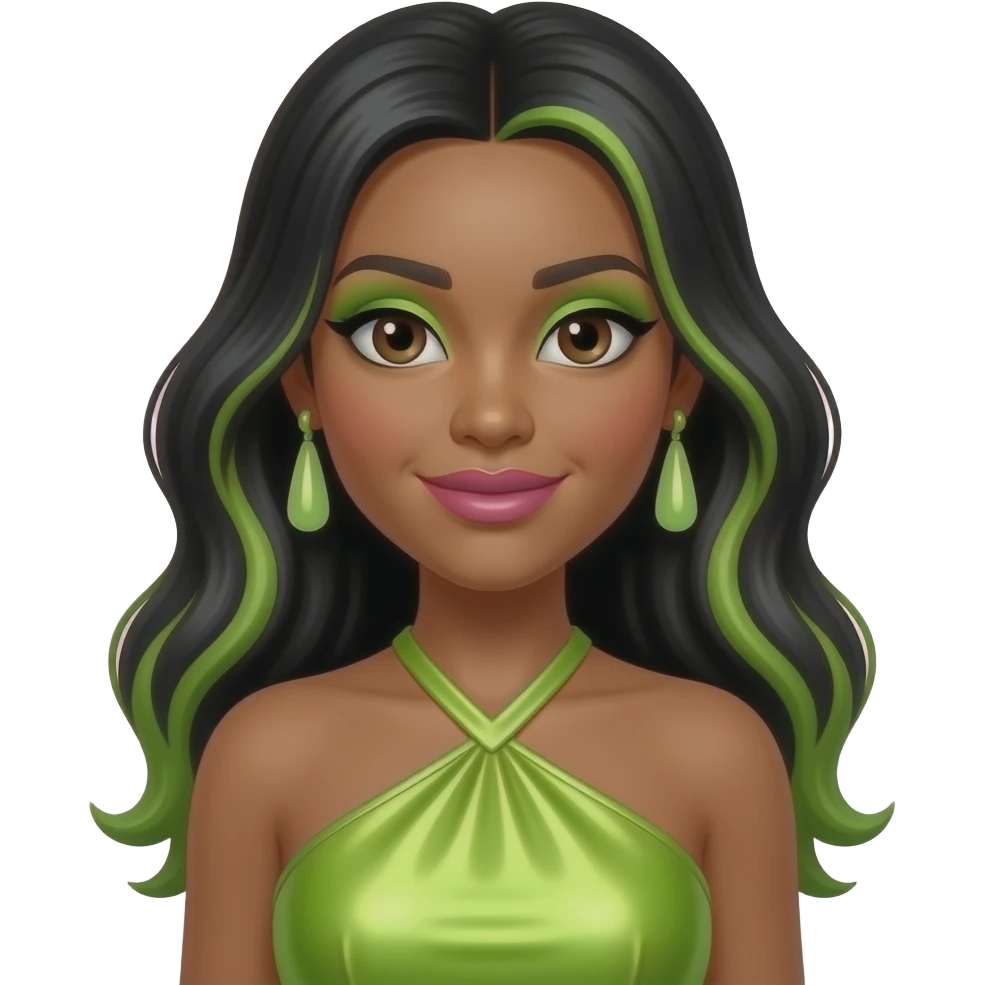 RiRi.Realness from The Next Kidz with medium skin, brown eyes, long black hair with green highlights, lime green eyeshadow, pink lipstick, lime green metallic halter dress, light green earrings emoji