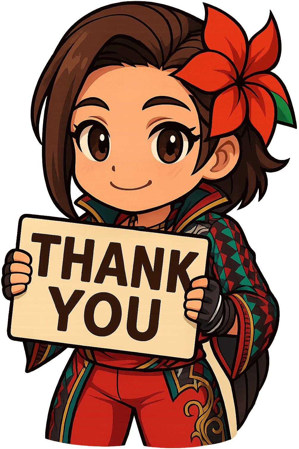 Azucena from Tekken 8 in chibi sticker style, holding a sign that says 'THANK YOU', grateful expression, wearing the detailed red and patterned outfit from the reference images, designed for Twitch emote use. emoji