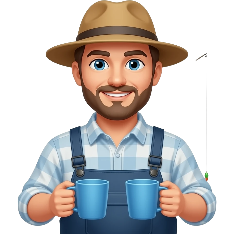 a fisherman standing towards the camera facing 2 blue cups holding a fishing rod emoji