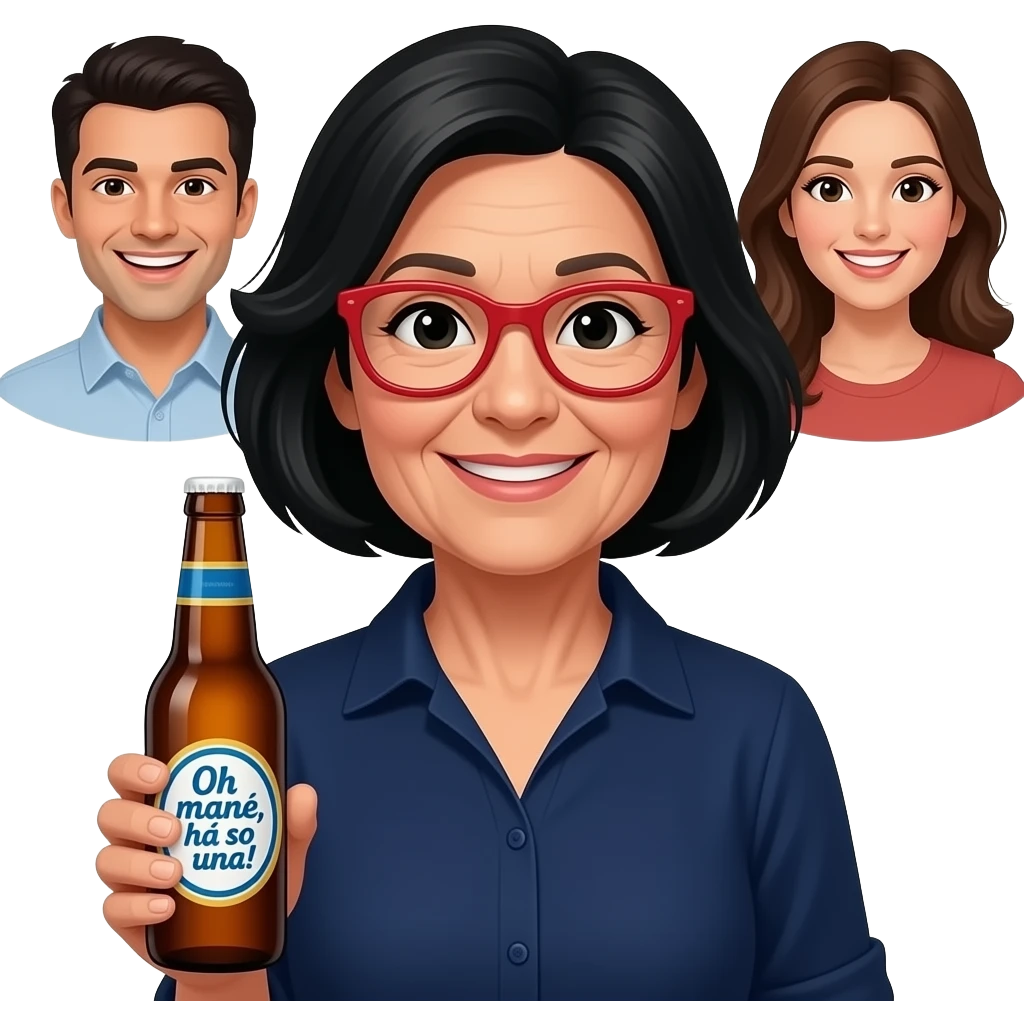 mulher, 60 anos, cabelo preto, olhos pretos , de óculos vermelhos, blusa azulão escuros, a segurar garrafa de cerveja com logo a dizer "Oh mãe, há só uma!" em português. No fundo, a rirem-se, homem 30 anos, cabelo escuro, mulher 25 anos cabelo castanho. emoji