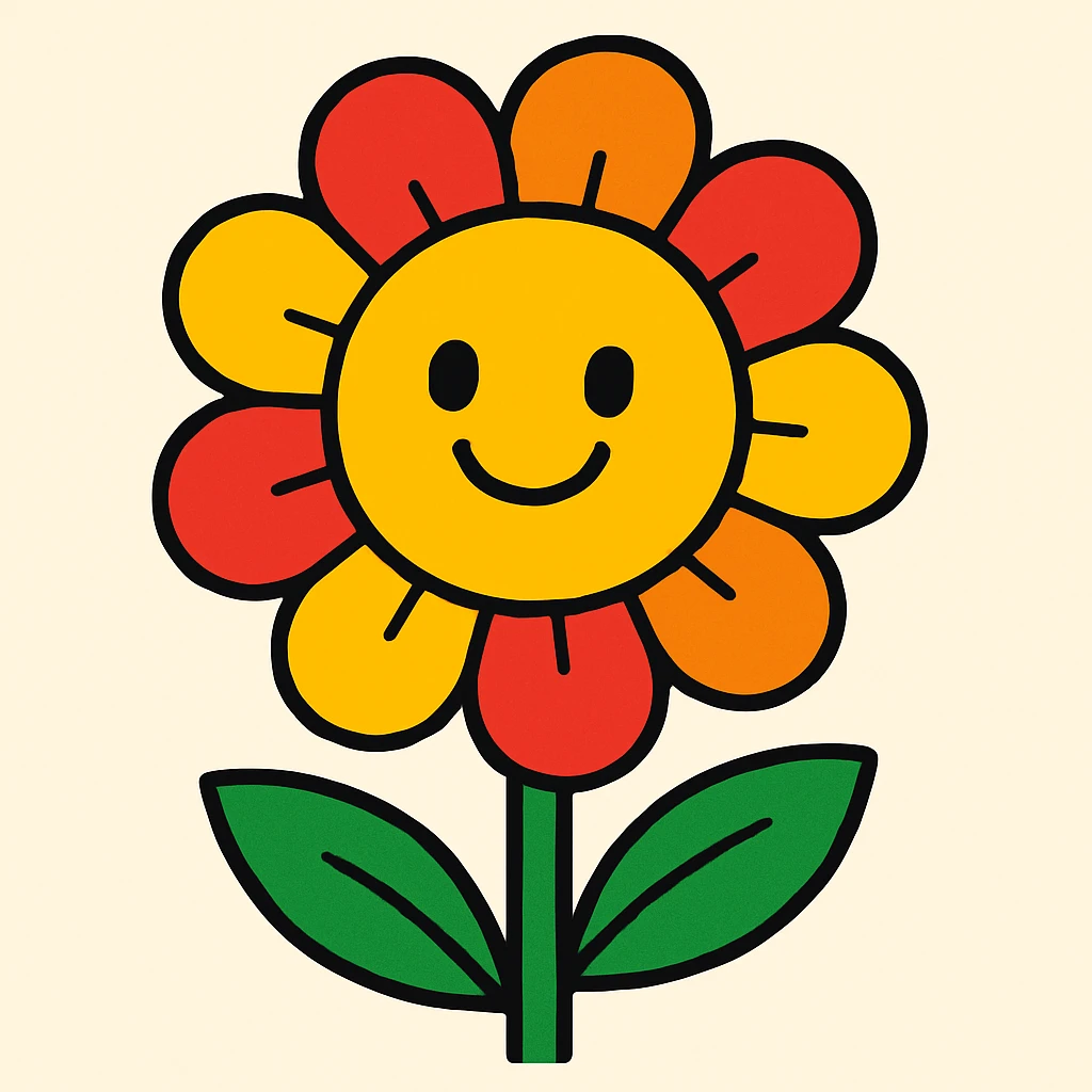 a vibrant cartoon-style flower with a smiling face emoji