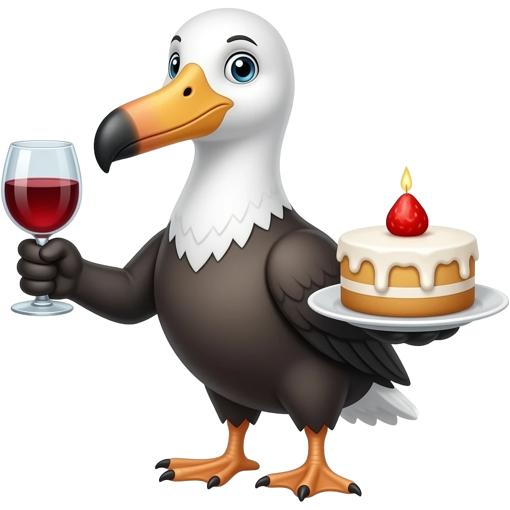 Albatross holding a glass of wine and a lava cake emoji