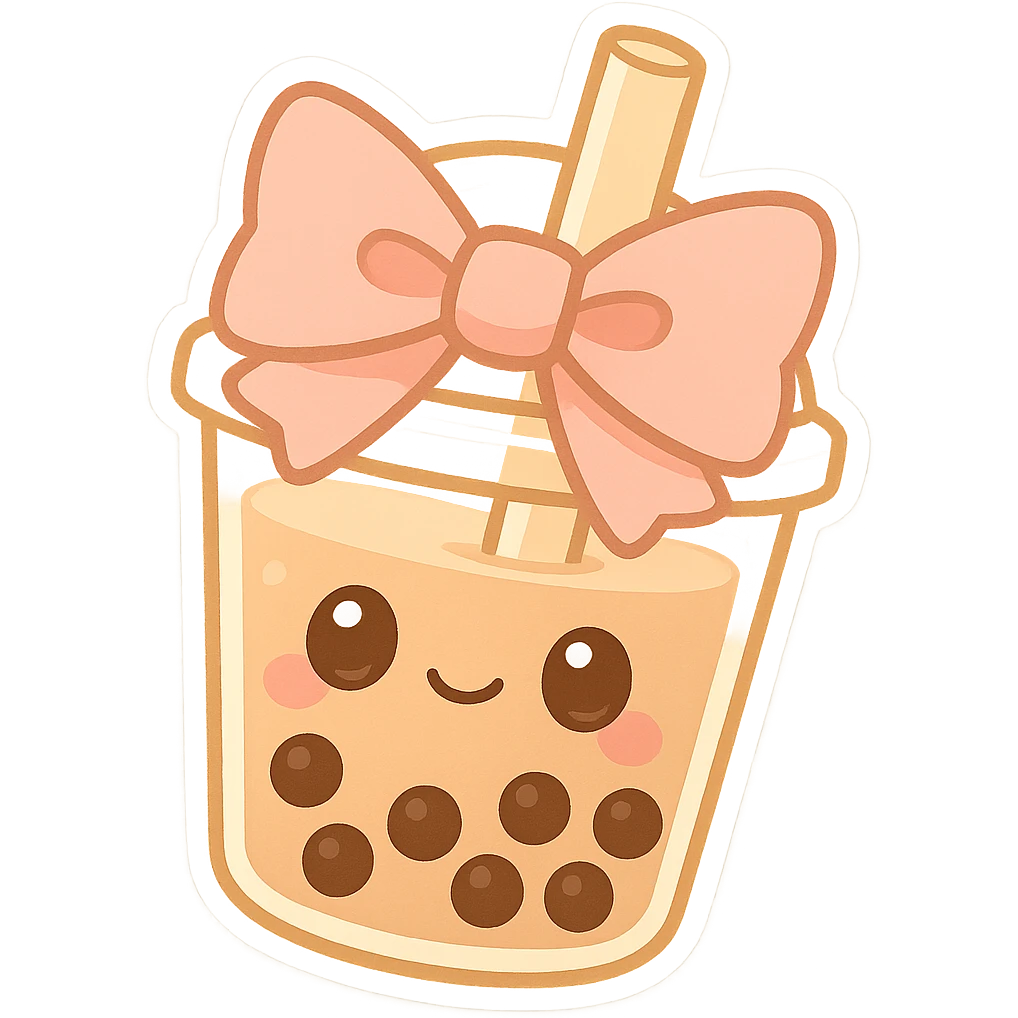 chibi sticker-style bubble tea with a big bow, cute and exaggerated emoji