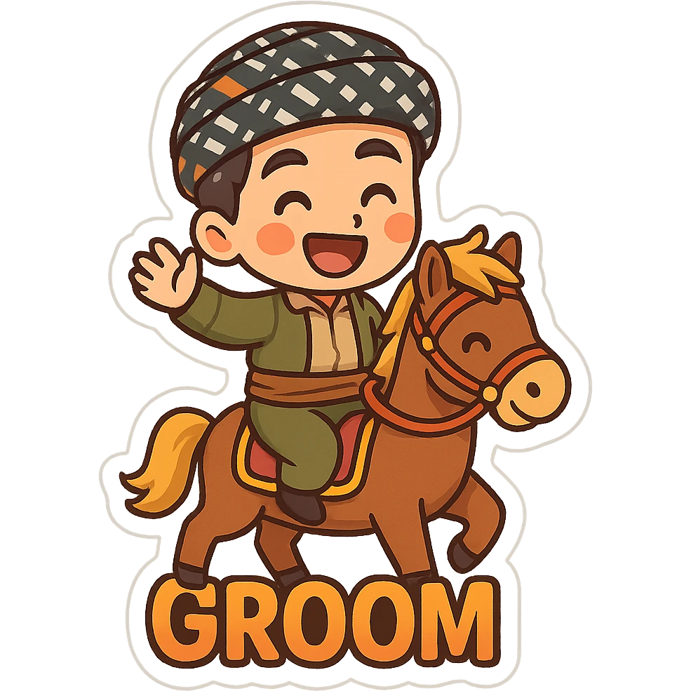 cartoon Kurdish groom wearing traditional clothes, riding a horse, in a separate frame designed for groom, happy and colorful, no text, suitable for WhatsApp and Instagram sticker, transparent background emoji