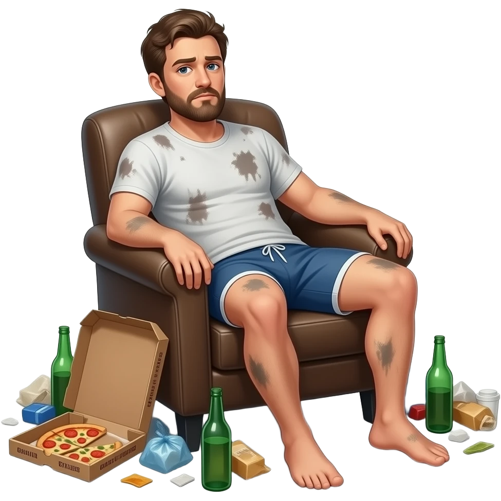 Erstelle ein emoji von einem ungepflegten Mann im schmutzigen tangtop und Unterhose, er sitzt faulenzen im Sessel und um ihn herum liegt Müll, wie eine Pizzaschachtel und leere Flaschen emoji