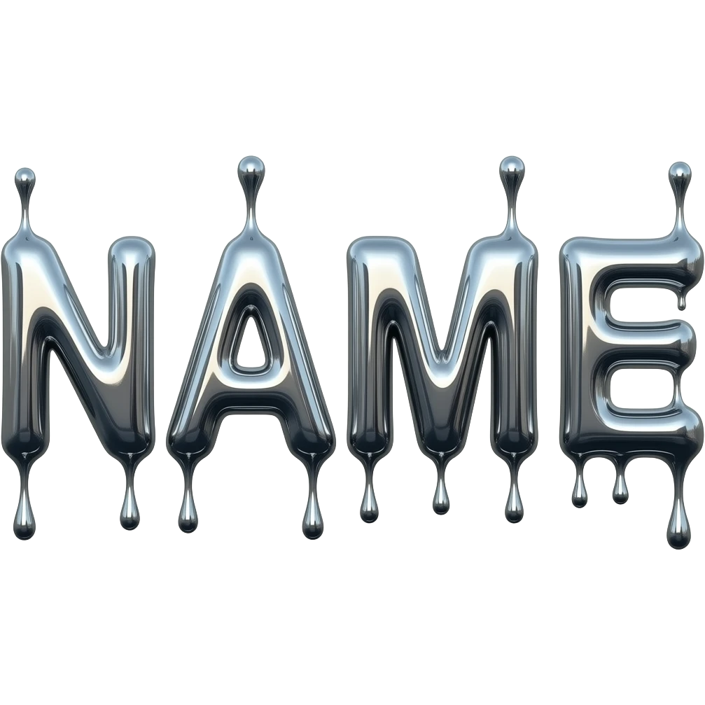 A hyper-realistic text 'NAME' made of flowing, high-polish liquid chrome. Distorted reflections of a dark urban cityscape, sharp contrast, 8k resolution, 'Terminator' style aesthetic, clean and aggressive emoji