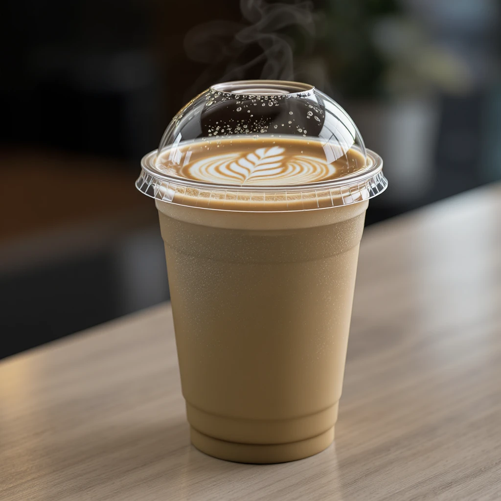 steaming latte in a plastic to-go cup with a domed lid, condensation on cup, photorealistic emoji