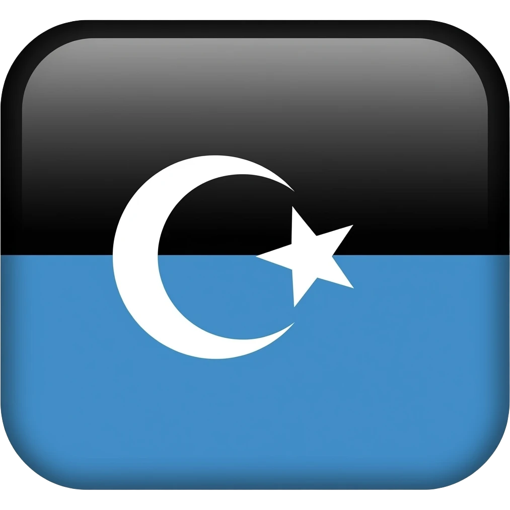 Флаг 2 полос. Верхняя полоса чёрная, нижняя полоса синяя. Посередине нарисован белый символ полумесяц со звездой emoji