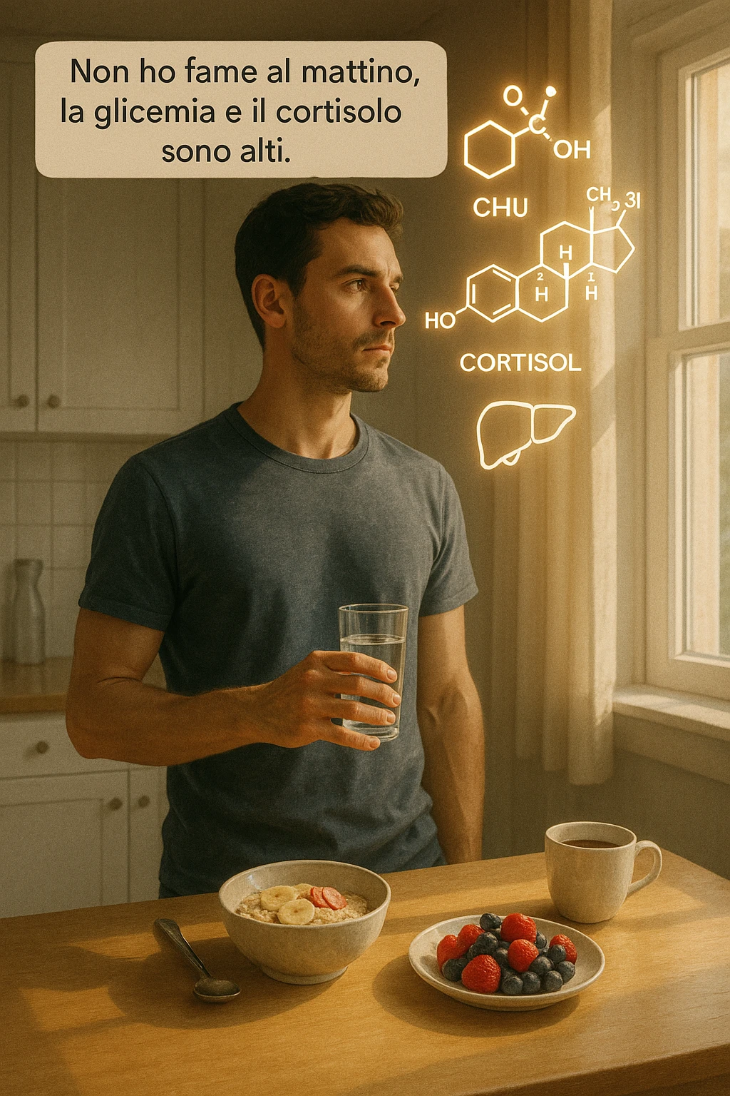 A realistic, cinematic illustration of a man in his early 30s with a lean, healthy build, standing calmly in a bright, minimal kitchen in the early morning. On the kitchen table, there is a prepared but untouched healthy breakfast (oatmeal, fruit, coffee). The man, with a neutral and focused expression, holds a glass of water while looking out of the window where morning sunlight enters. Above him, subtle glowing medical icons display: a glucose molecule, a cortisol hormone symbol, and a liver icon, indicating high morning blood sugar and cortisol levels. A small speech bubble or text overlay says: ‘Non ho fame al mattino, la glicemia e il cortisolo sono alti.’ The scene conveys a sense of calm, clarity, and body awareness, showing that the man consciously avoids breakfast due to physiological signals rather than restrizione. The style is realistic, warm, with a slight film grain, emphasizing health and conscious self-regulation. emoji