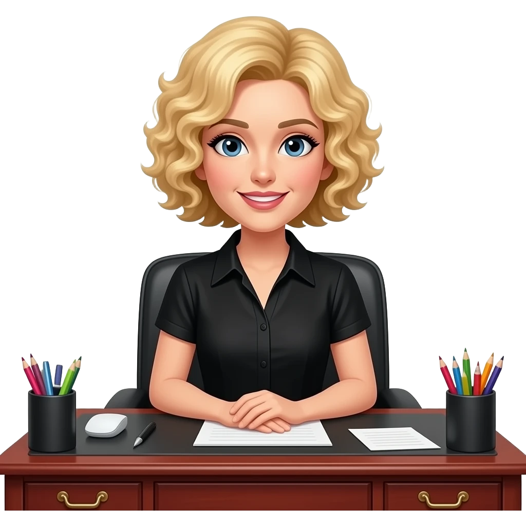 short blonde tight curly hair with office supplies on a antique red oak desk in a black short sleeve blouse emoji