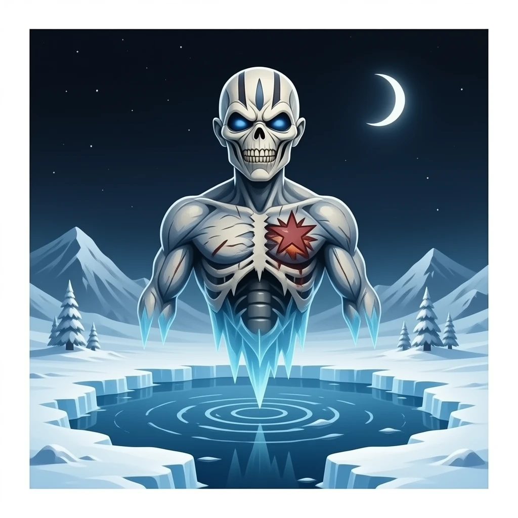 iron maiden eddie mascot - deformed ethereal upper body hovers over frozen landscape - a Gustave Doré piece, depicting traitors frozen in a lake of ice in the ninth circle of Dante's Inferno emoji