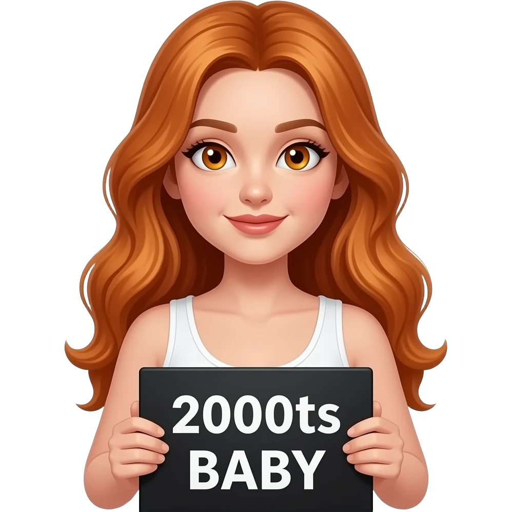 sexy girl with long ginger hair and ginger eyes wearing a white tanktop is holding a black sign with 2000s BABY written on it emoji
