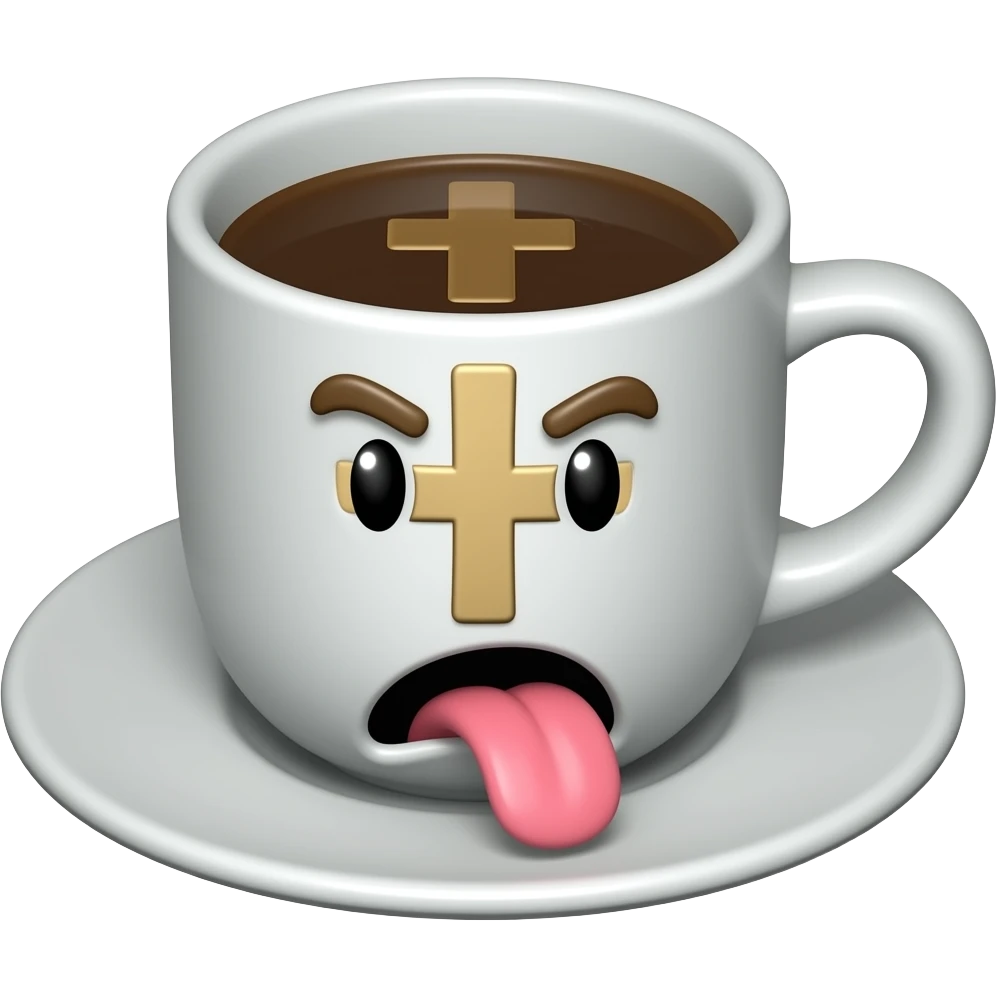 coffee cup animated whith eyes on cross and mouth with revulsion sticking his tongue emoji