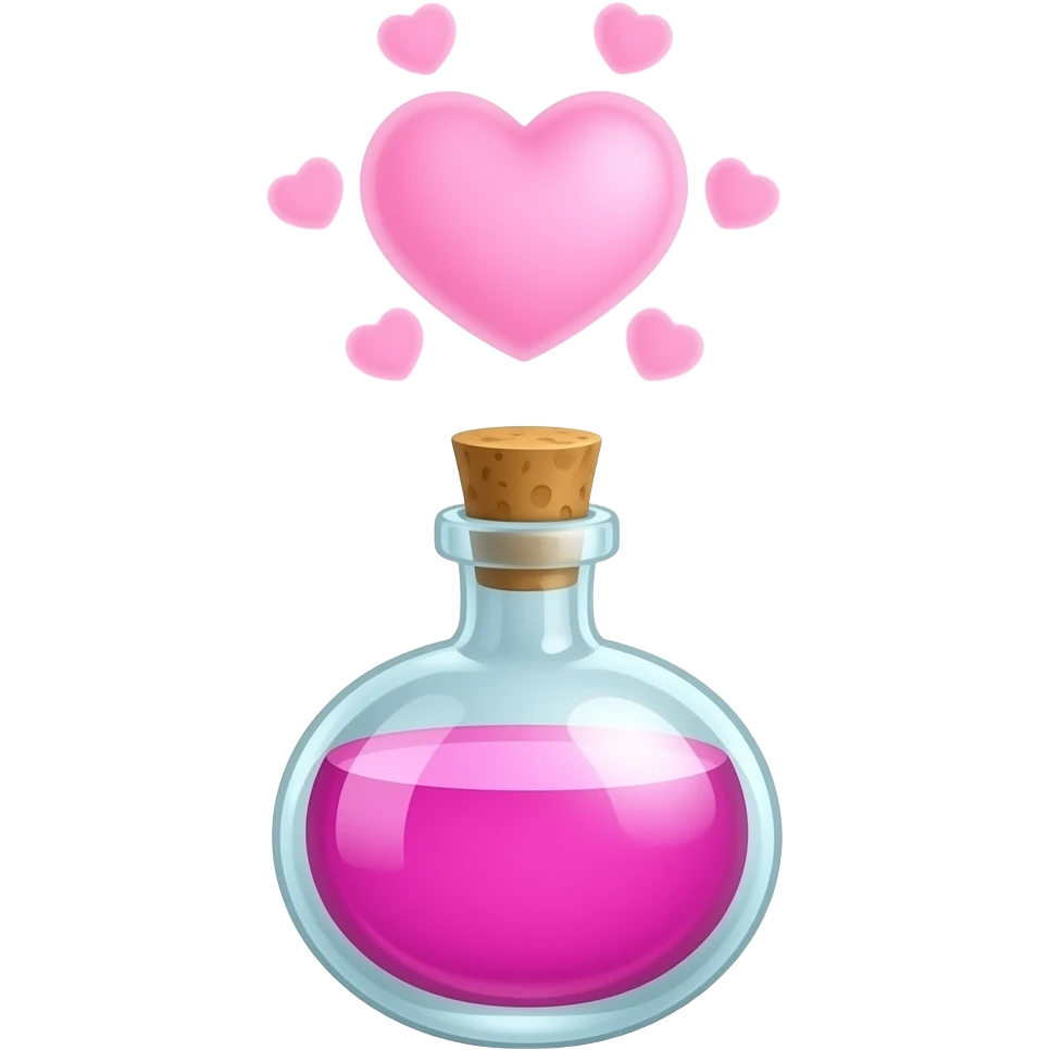 A glowing aphrodisiac potion bottle releasing soft pink, heart-shaped mist. emoji