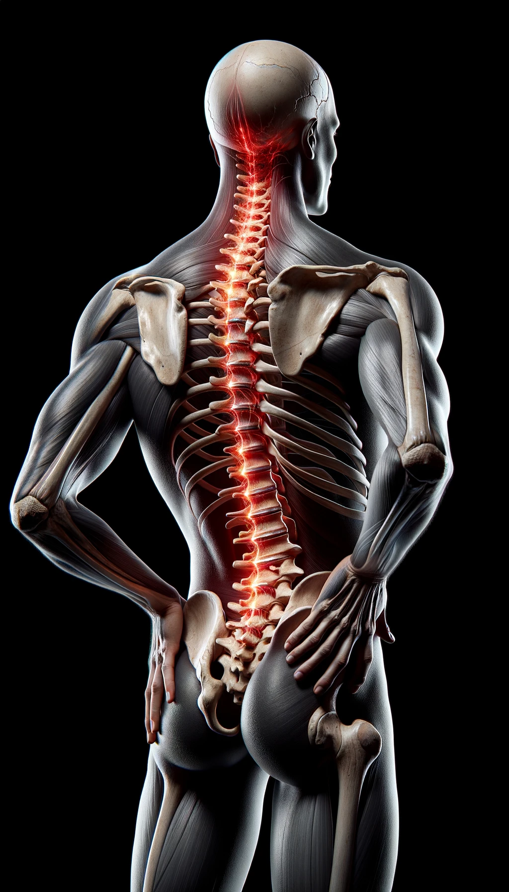 corpo umano anatomico di spalle e fisico storto, spina dorsale in evidenza, dolore alla schiena su un lato, iperrealistico 4k emoji