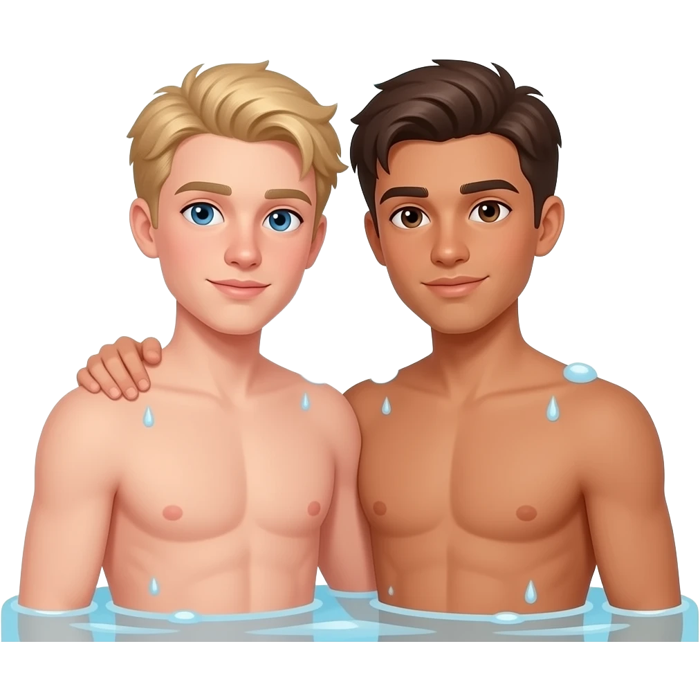 Make a young gay teen couple on a Date , one has light Skin with Blond Hair and Blue Eyes, the other one has slightly brown skin witz dark Brown Hair and Brown Eyes. They are shirtless together in the shower. emoji