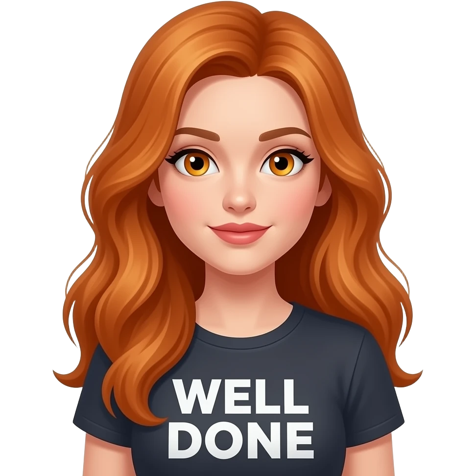 sexy girl with long ginger hair and ginger eyes a top with WELL DONE written on it emoji