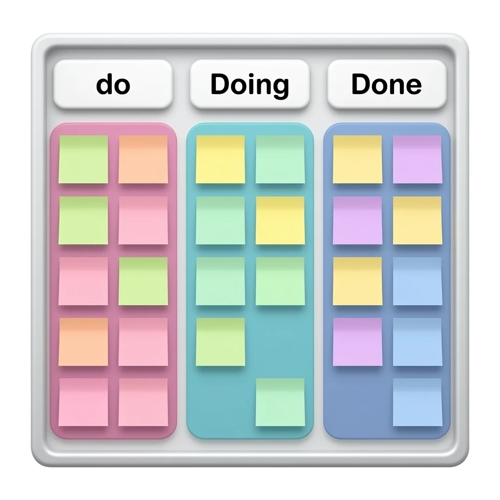 Kanban board with the columns do, doing and done. Each column has different pastel colors and post-its on them. emoji