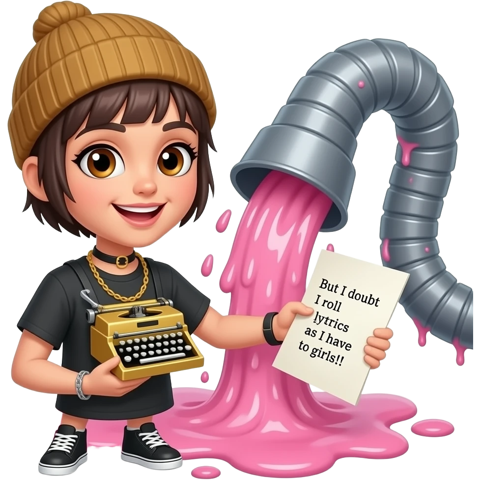 A tomgirl with short boyish hair, a beanie, and brown eyes rapping and wearing a golden stenography machine as a necklace. On her paper are the lyrics: "But I doubt I roll lyrics as I have to girls!!"

The entire aforementioned scene is being sucked into a giant slimy vacuum cleaner.  emoji