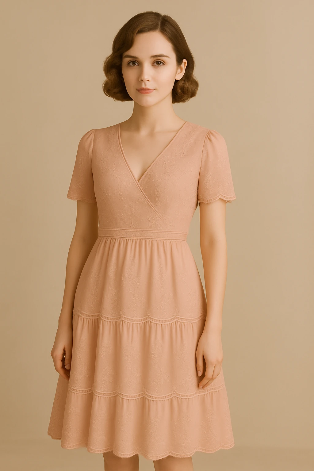 Change the pink dress to a soft blush pink with floral embroidery, keep the rest of the look the same, romantic and graceful style. emoji