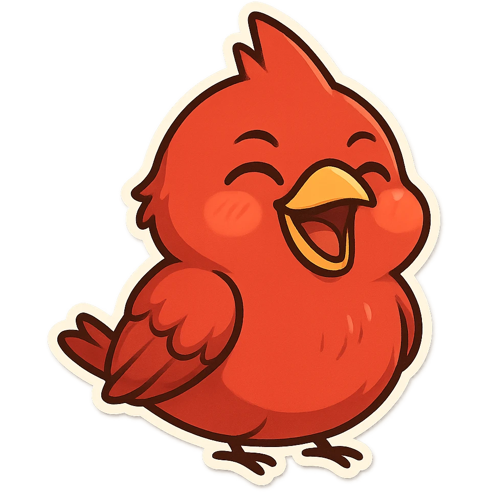 Chibi red male cardinal laughing with eyes closed and beak wide open, soft glowing cheeks, cozy cartoon emoji. emoji