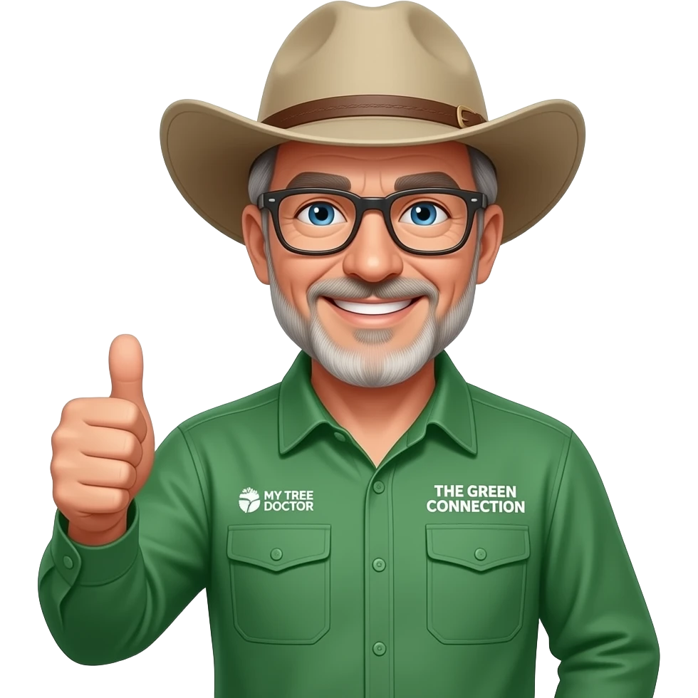 wide-smiling middle-aged man blue eyes. Dark rectangle glasses, green-collared, long-sleeve shirt, thumbs up.  Wide-brim Australian Akubru hat.  Insert 'THE GREEN CONNECTION' in white directly onto the right side pocket & 'MY TREE DOCTOR' onto the left side pocket emoji