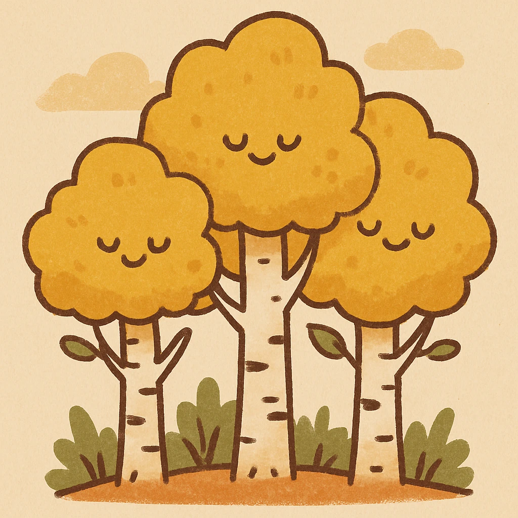cartoon style aspen tree with yellow leaves, group of trees emoji
