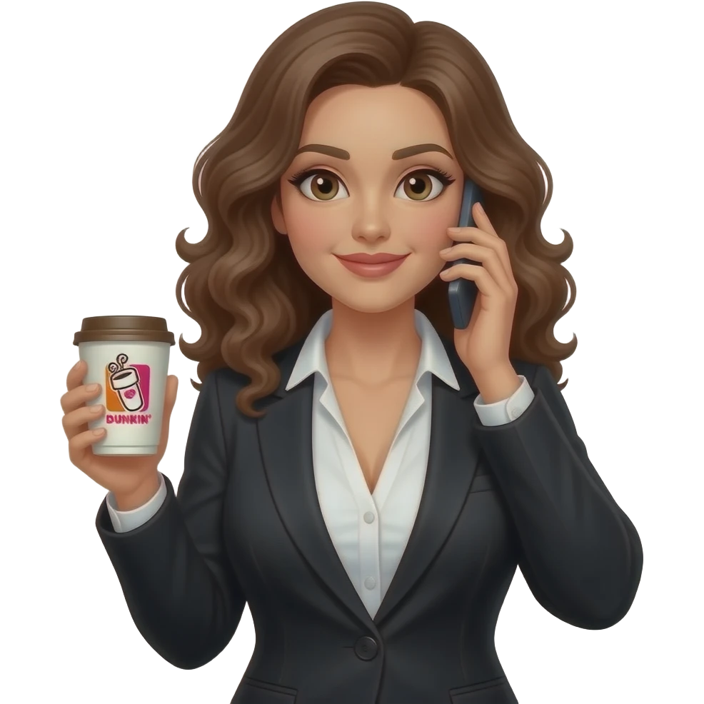 executive vice persident dunkin coffee in hand female curly burnette cute larger boobs and always on the phone black suite emoji