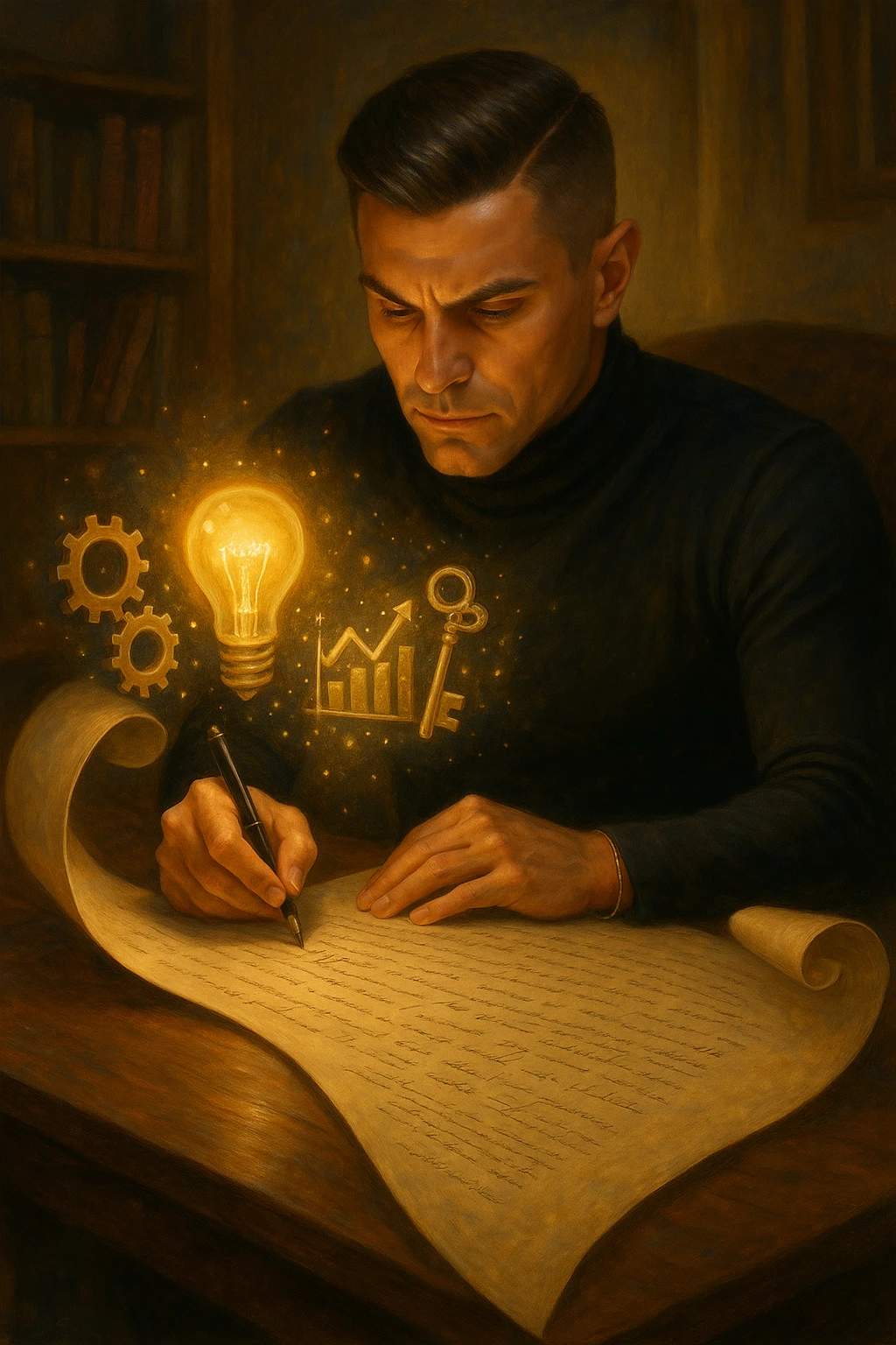 Un uomo concentrato, seduto alla sua scrivania in una stanza con luce calda, sta scrivendo su un enorme foglio di carta che si espande magicamente davanti a lui. Mentre scrive, le parole si trasformano in elementi visivi tridimensionali che rappresentano le soluzioni ai suoi problemi in italiano emoji