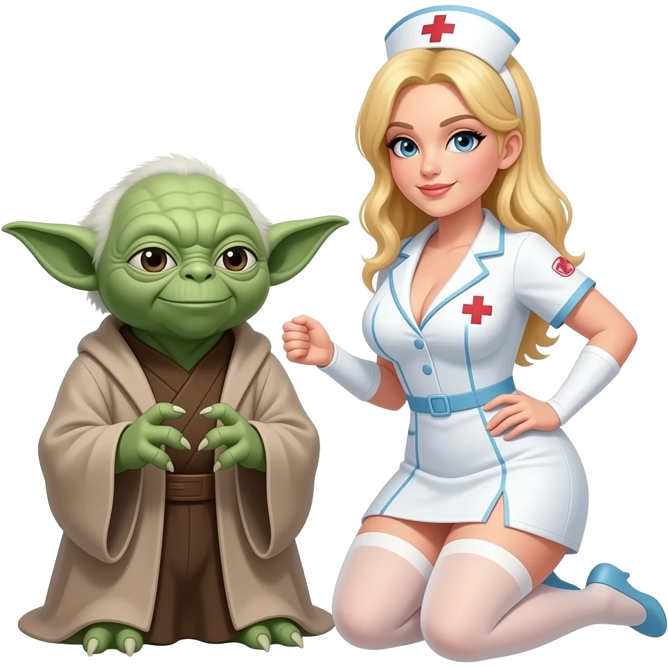 Yoda and a blond female apprentice with large breasts kneeling wearing a nurse outfitkneeling emoji