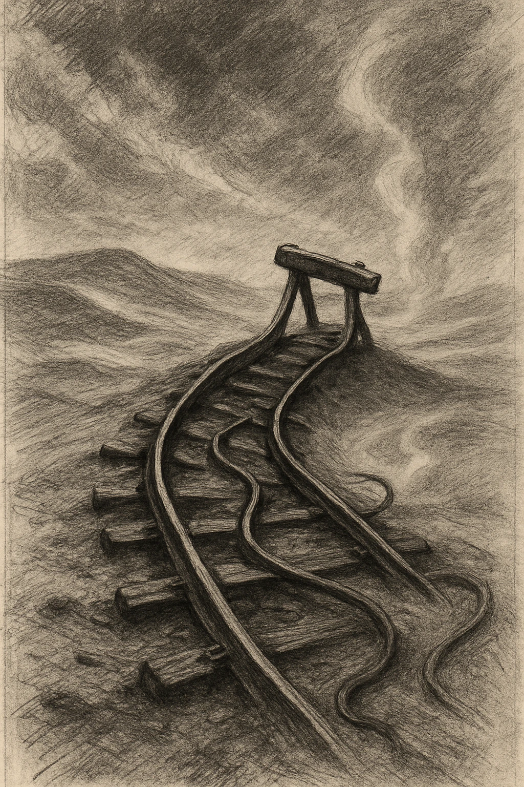 black and white pencil sketch inspired by the poem 'Lines End', showing a desolate, slumping railroad track ending abruptly in a barren landscape of dunes and sand, twisted rails, sense of ruin, vast empty wasteland background with wind, earth, dust devils, dramatic lighting, no background clutter, no text emoji