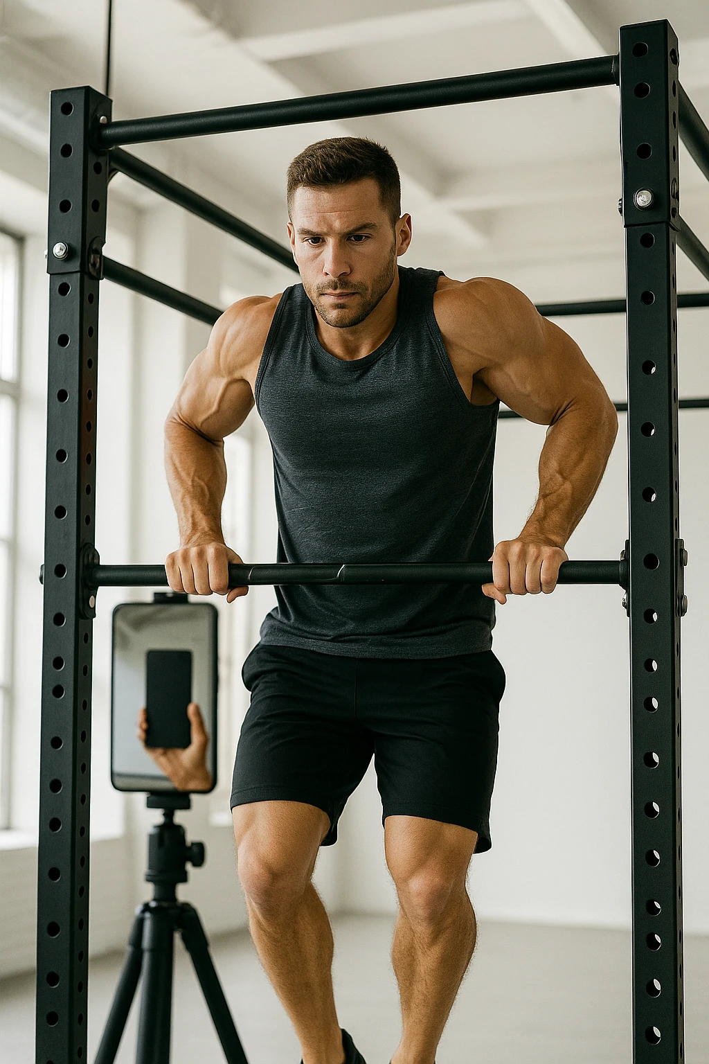 uomo che fa Muscle up e si sta filmando davanti con il telefonino per vedere la sua posizione dei gomiti e delle mani sulla sbarra emoji