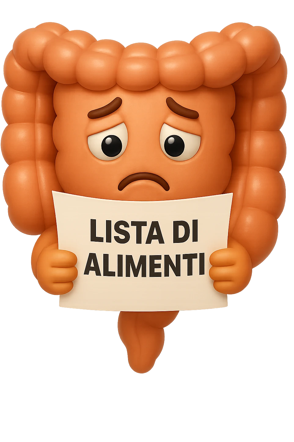EMOJI STILE IPHONE DI UN INTESTINO CHE LEGGE UN FOGLIO CON LA SCRITTA "lista di alimenti" ed espressione triste in volto, IPERREALISTICO 4K emoji
