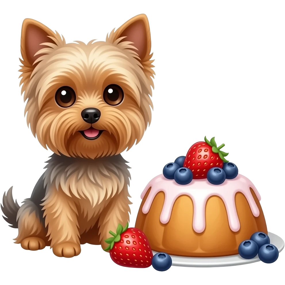 Yorkie dog sitting with strawberries and blueberries and bundt cake emoji